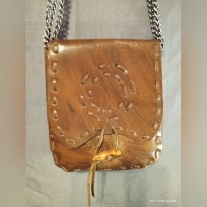 Vintage 1970s hand tooled leather purse with chain strap purse